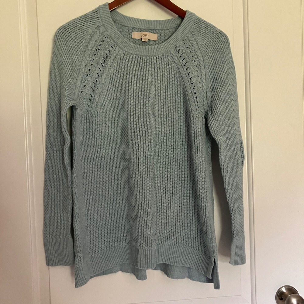 Loft Womens Blue Textured Cable Knit Raglan Sleeve Crew Neck Sweater Size M